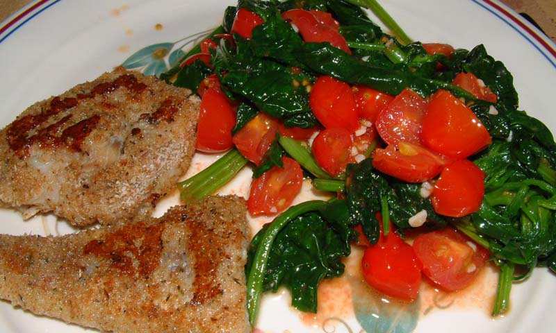 Breaded Pollock w/ Wilted Spinach and Cherry Tomatoes